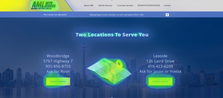 AML Auto Service main page with highlights
