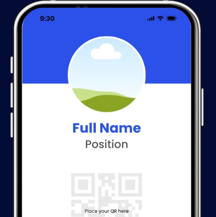 A phone with an empty profile with a "Full name" and "position" prompts