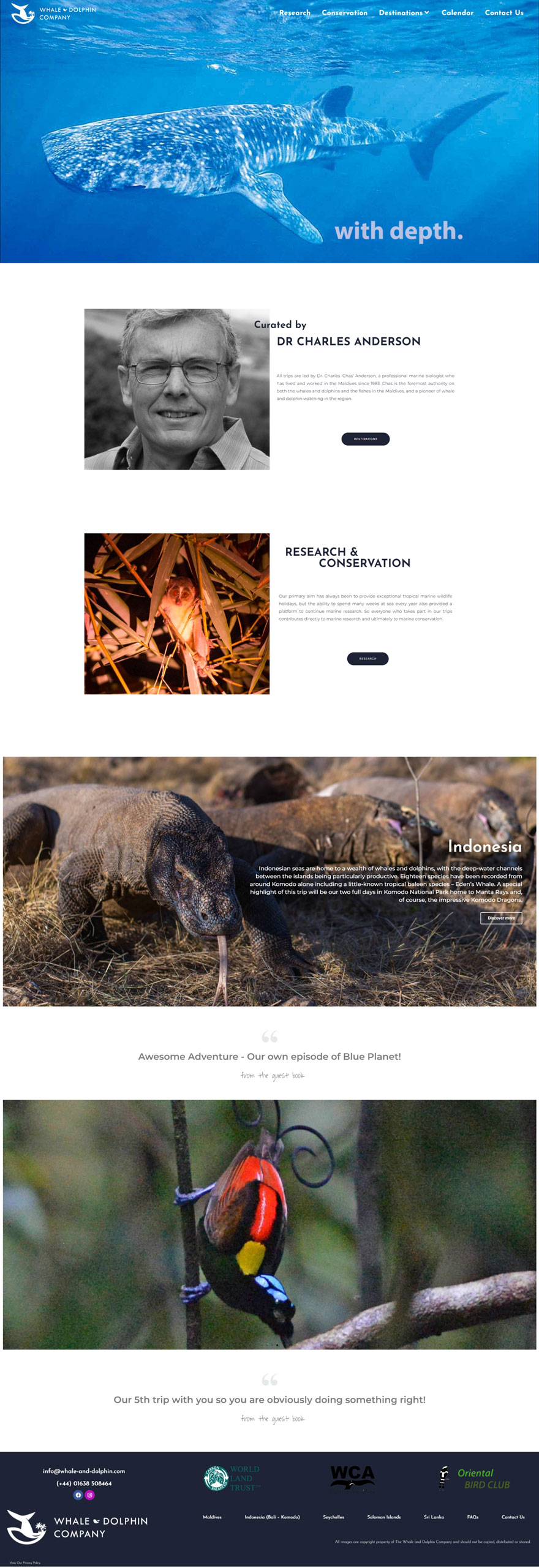 Project whale & dolphin - a screenshot of a page displaying an image of a whale shark, the authors bio, and two images of comodo dragons and a red bird