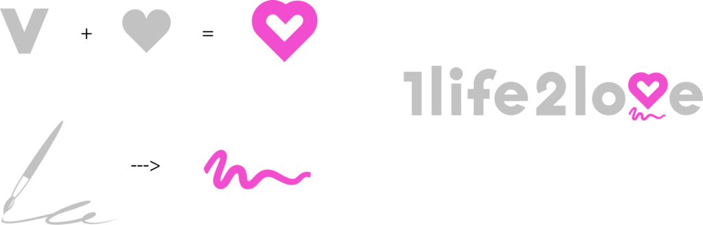 graphical element shapes include, V, heart, purple heart, pen, squiggly line, and the brand name 1life2love