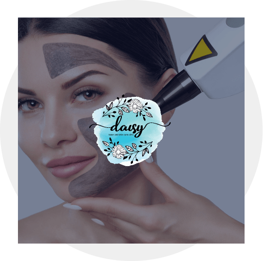 There is the daisy laser logo and a picture of a woman in the background getting laser hair removal on her face.